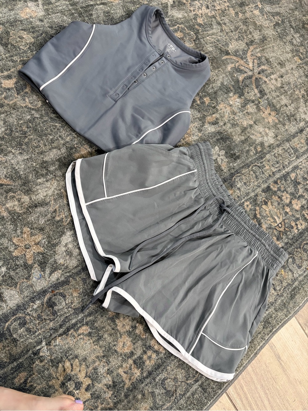 Gray Athletic Henley Top & Running Shorts Set with White Piping